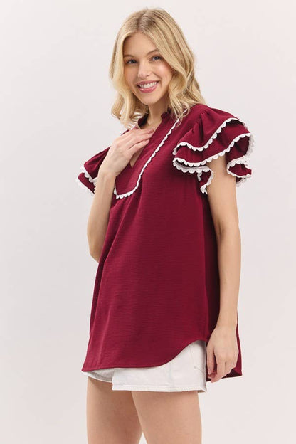 Game day Ruffle Sleeve Scallop Trim Top