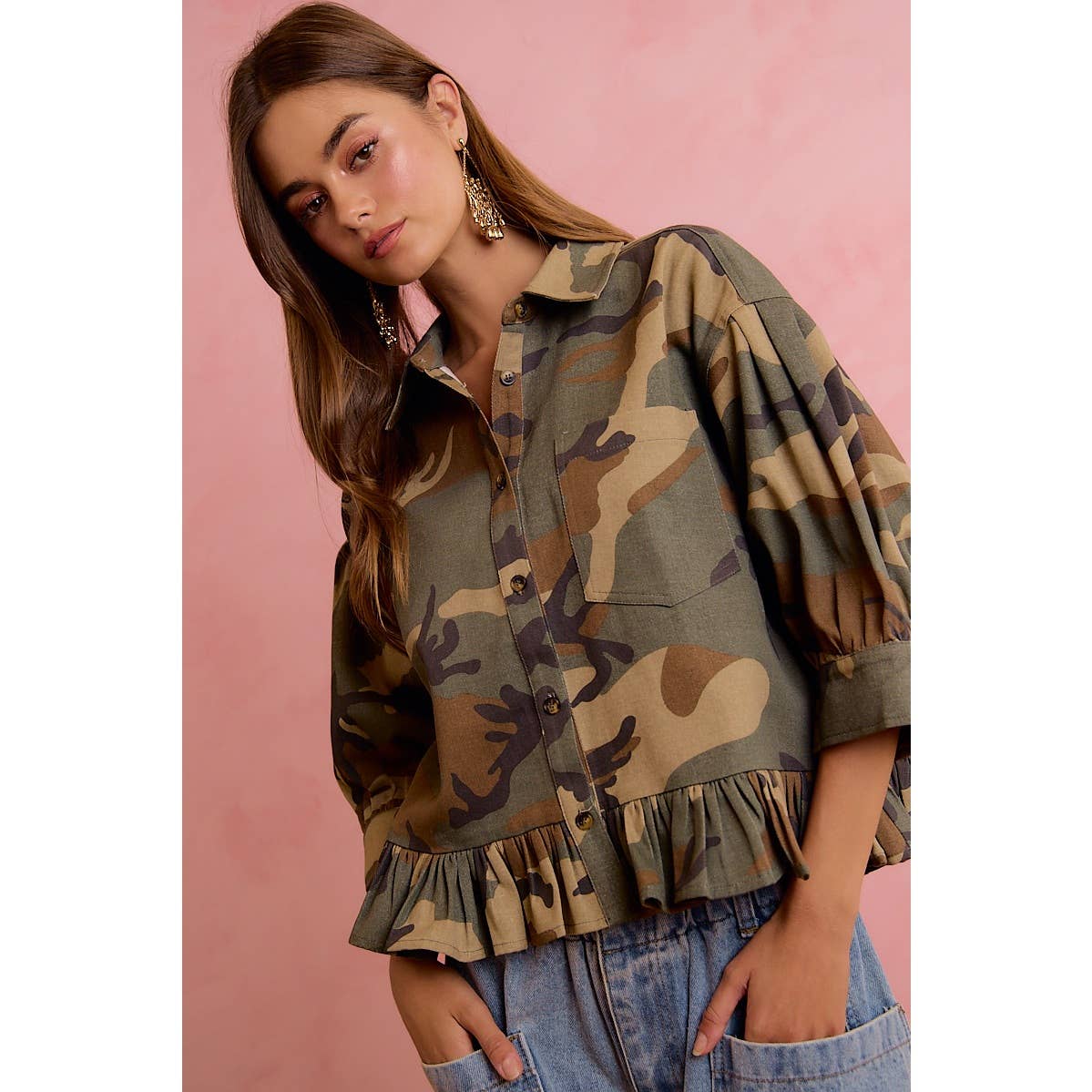 CAMO PRINTED RUFFLED HEM BUTTON DOWN BLOUSE