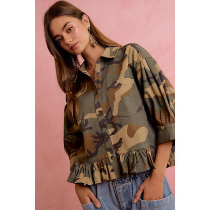 CAMO PRINTED RUFFLED HEM BUTTON DOWN BLOUSE