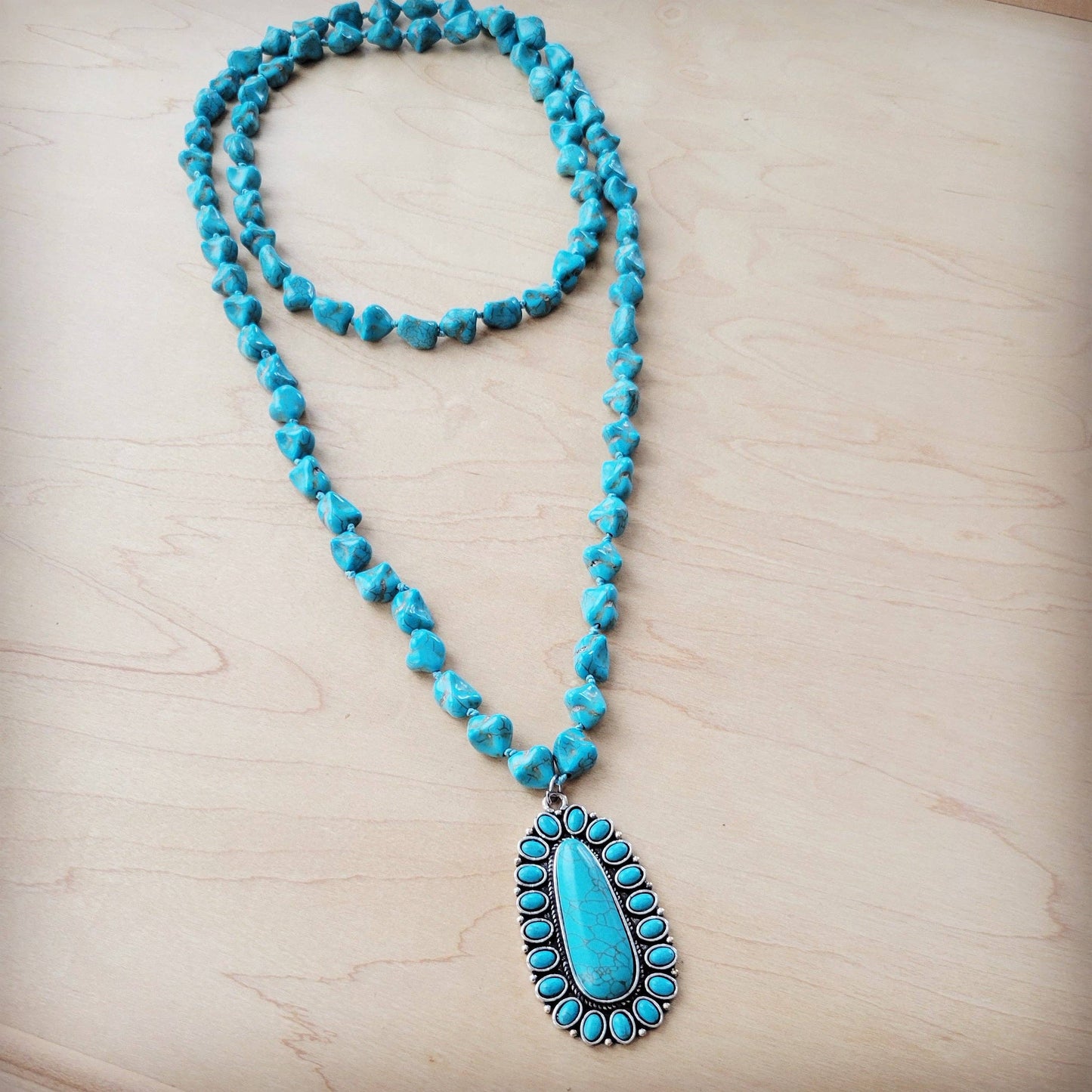 Long Western Turq Beaded Necklace w/Squash Blossom Pendant