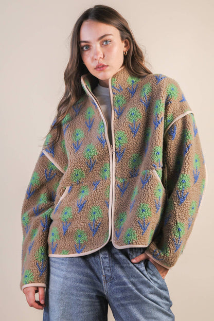 Oversized Floral Printed Fleece Sherpa Jacket