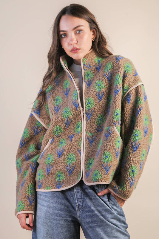 Oversized Floral Printed Fleece Sherpa Jacket