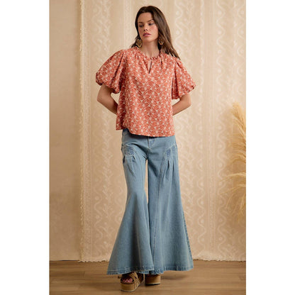 RUST COTTON EYELET PUFF SLEEVE BLOUSE
