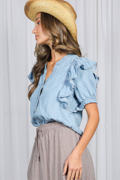 V-Nek Ruffle embellished 100%Tencel Denim Shirt