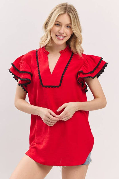 Game day Ruffle Sleeve Scallop Trim Top