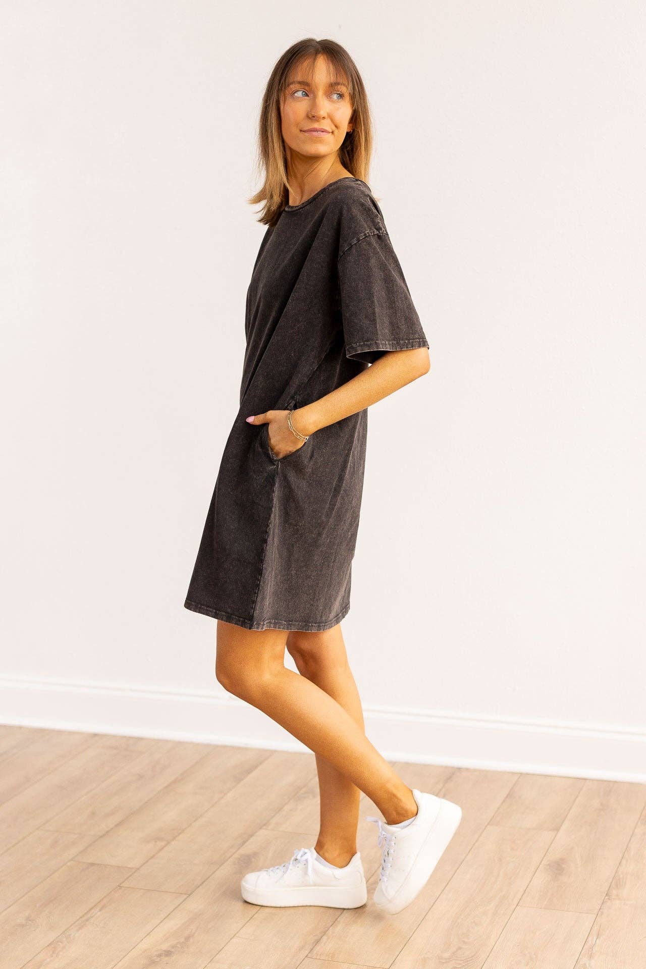 Plus Size Black Wash Tee Shirt Dress With Pockets