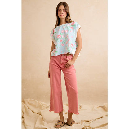 FLORAL PRINTED TERRY OPEN BACK SLEEVELESS TOP