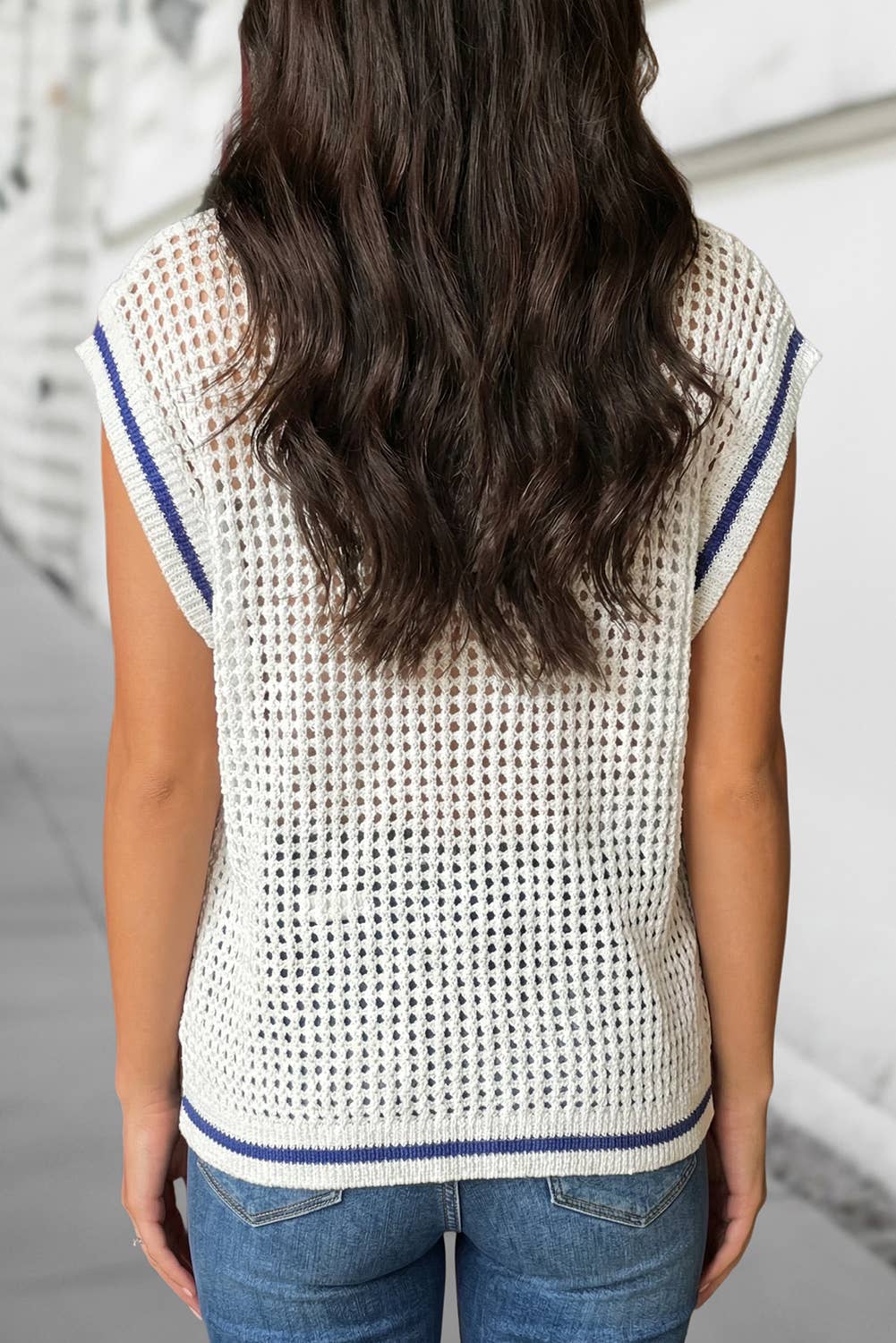 USA Flag Eyelet Knitted Cap Sleeve Sweater Top