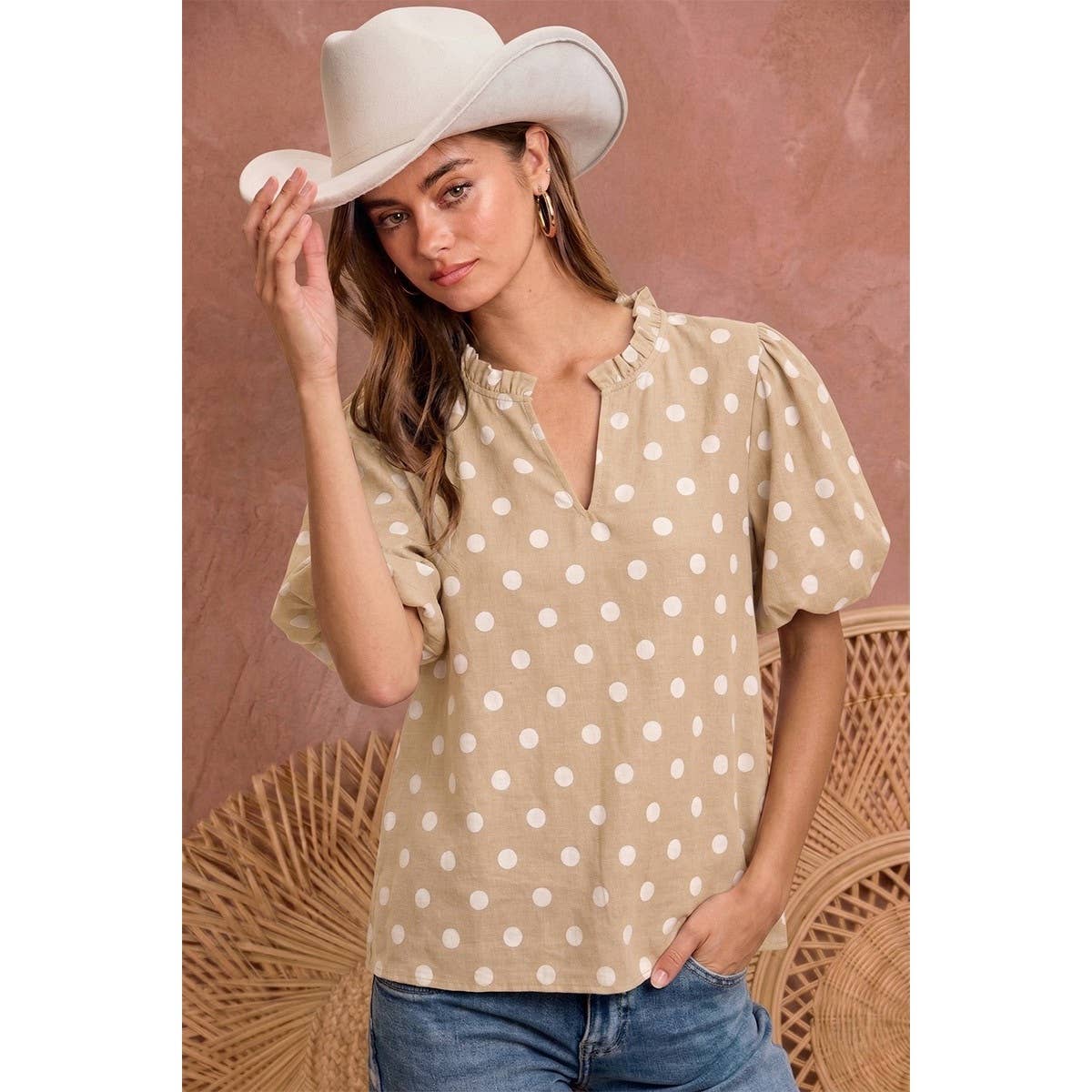 POLKA DOT PRINTED WOVEN RUFFLED V NECK