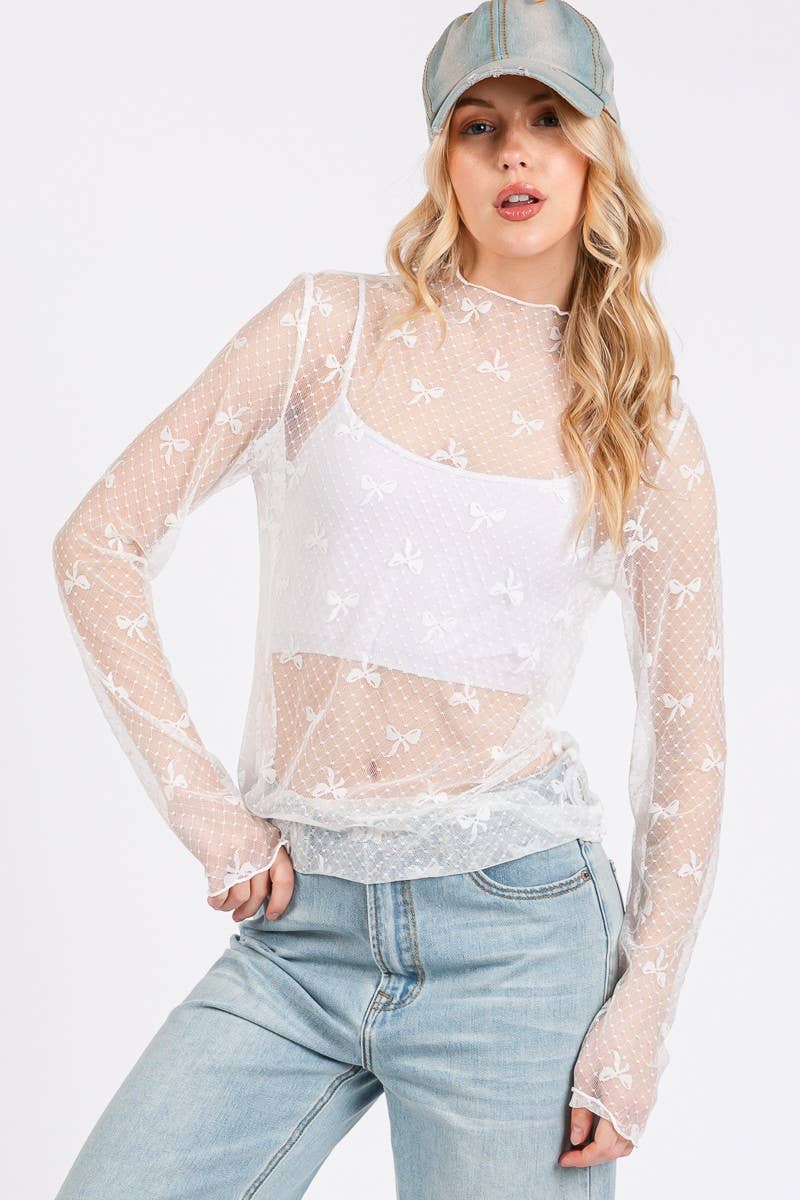 BOW PRINT LONG SLEEVE LACE TOP