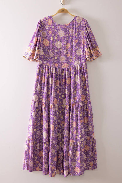 Vintage Boho Floral Button-Front Tiered Midi Dress