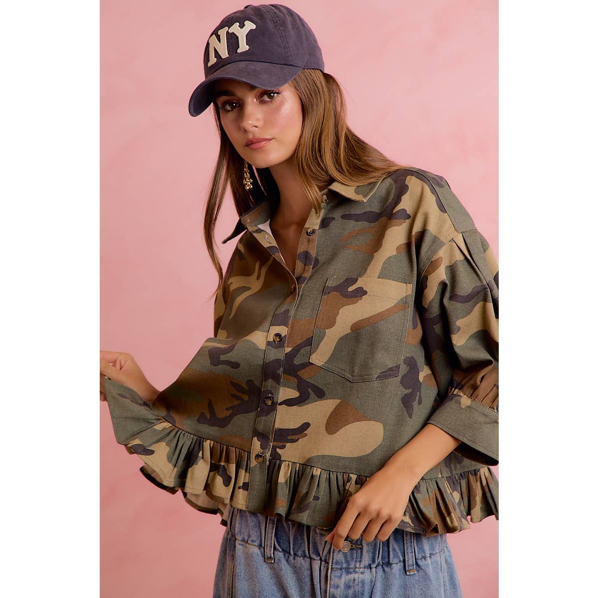 CAMO PRINTED RUFFLED HEM BUTTON DOWN BLOUSE