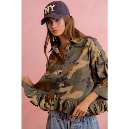CAMO PRINTED RUFFLED HEM BUTTON DOWN BLOUSE