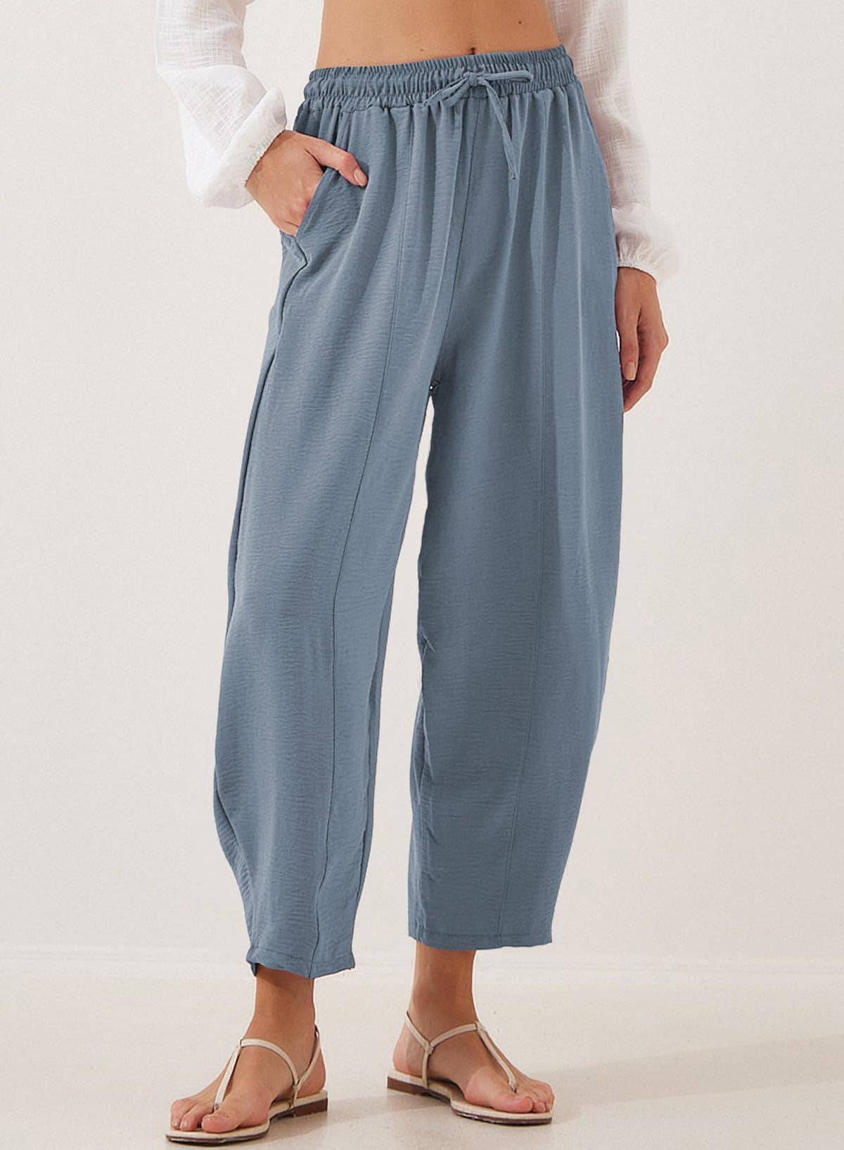 Women's Elastic Waist Drawstring Casual Cropped Harem Pants