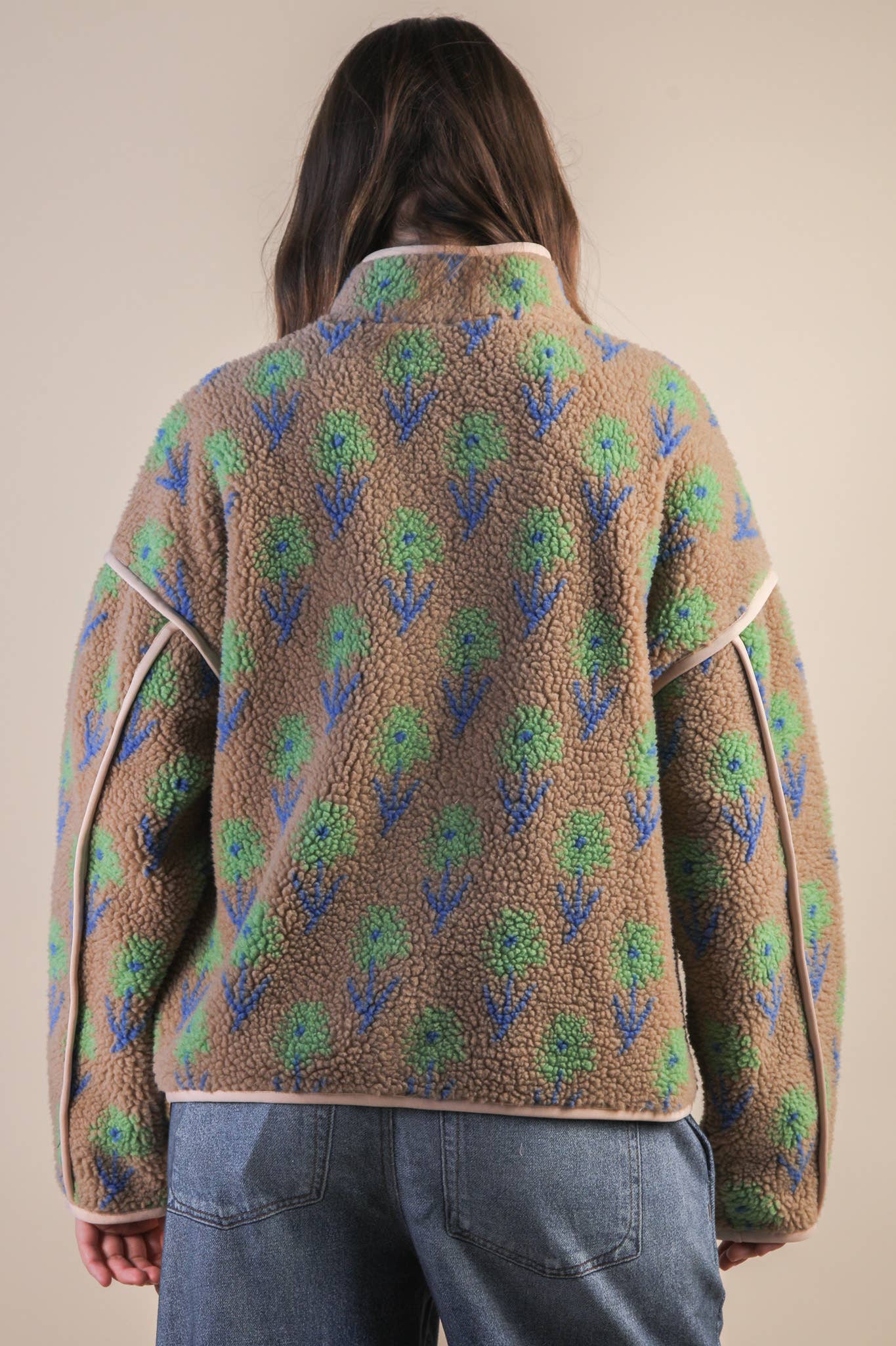 Oversized Floral Printed Fleece Sherpa Jacket