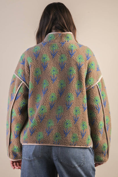 Oversized Floral Printed Fleece Sherpa Jacket