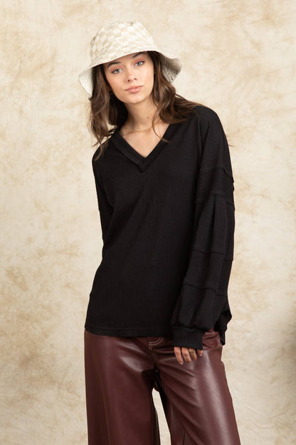 NT11157X-PLUS SIZE Oversized V-neck Puff Sleeve Top