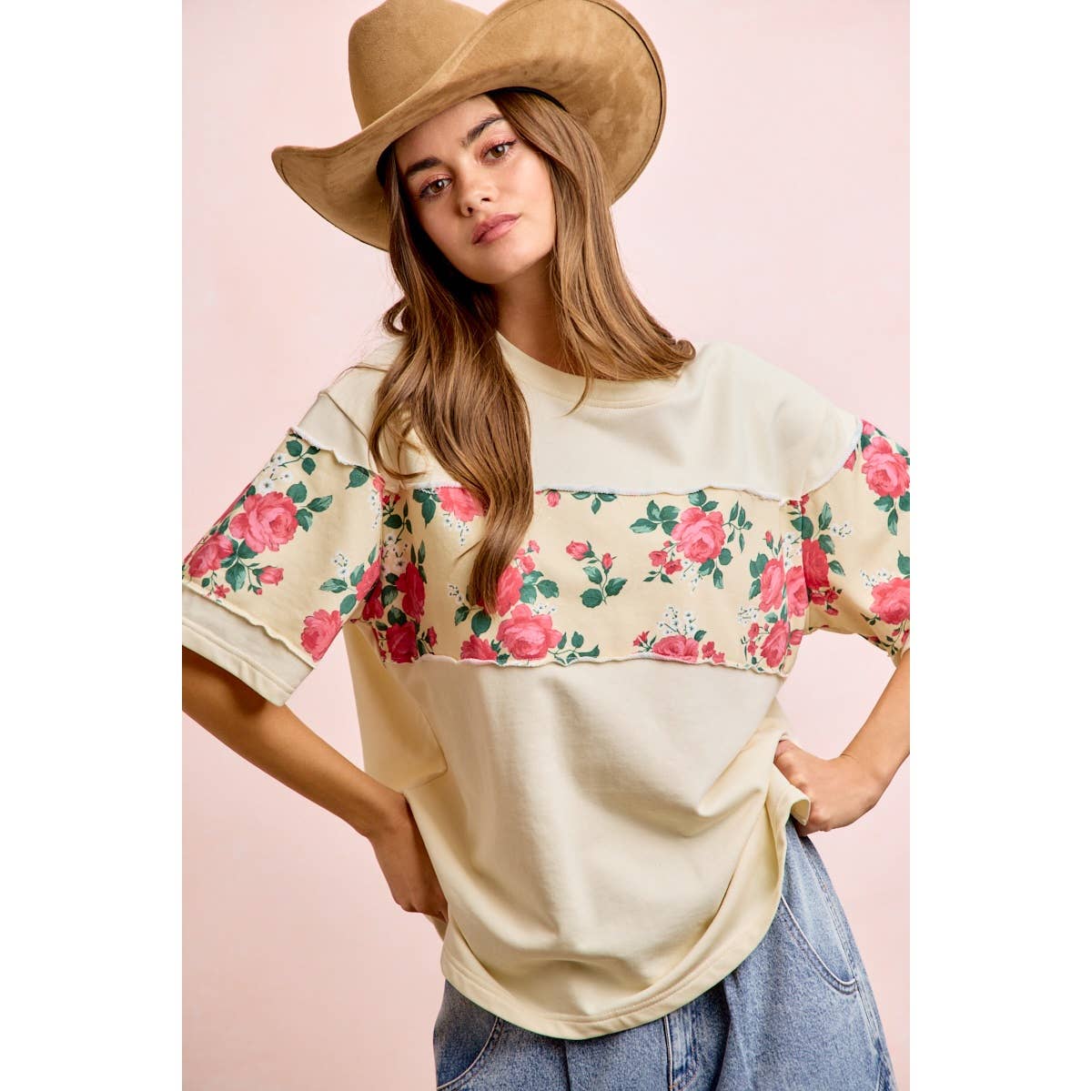 FLORAL PRINT SHORT SLEEVES FRENCH TERRY TOP