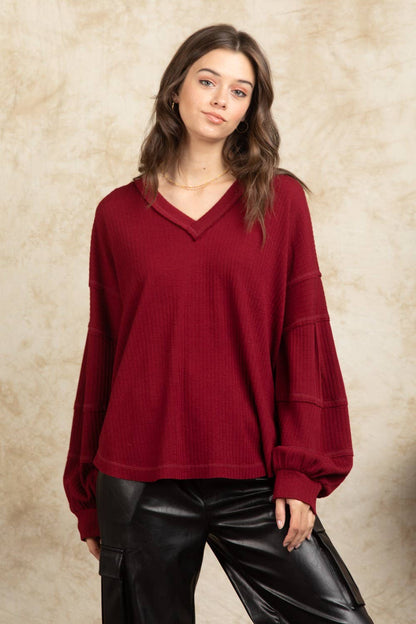 NT11157X-PLUS SIZE Oversized V-neck Puff Sleeve Top