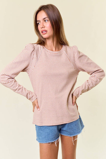 Light Weight Striped Jersey Puff Long Sleeve Top