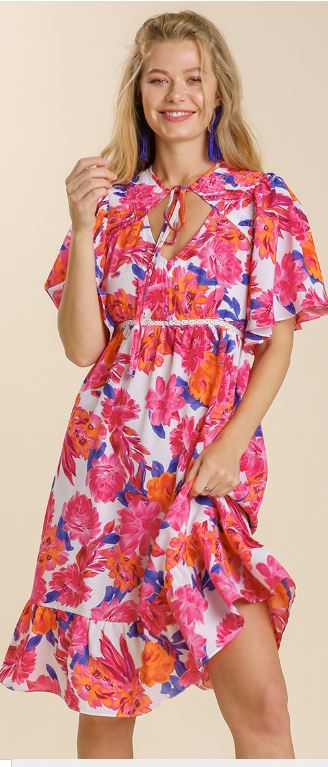 Floral Print Front Tie Lace with Cut Out Back Dress