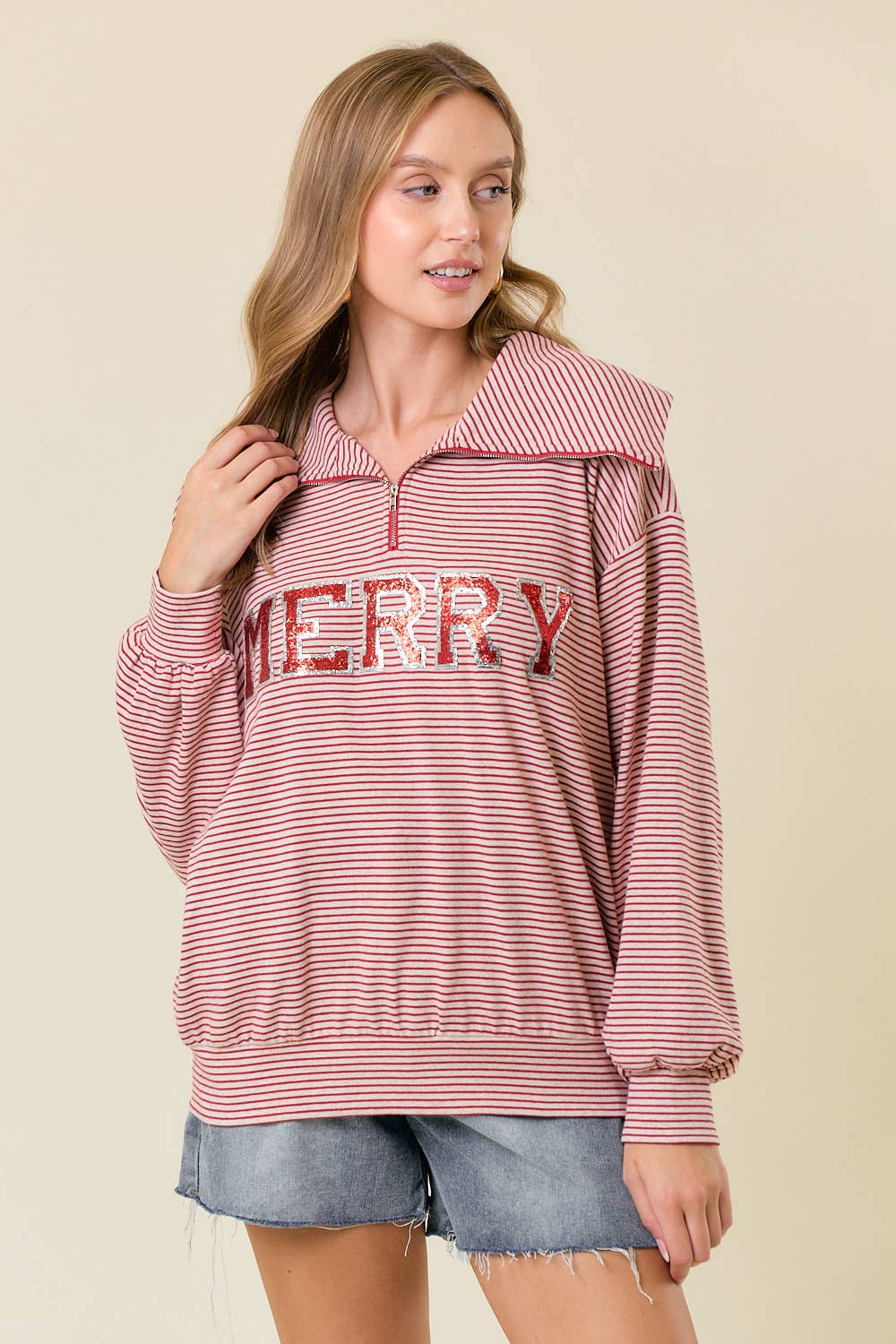 Sequin MERRY Patched Half Zip-Up Stripe Sweatshirt