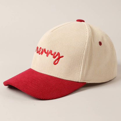 Merry Text Embroidery Two-Tone Corduroy Cap
