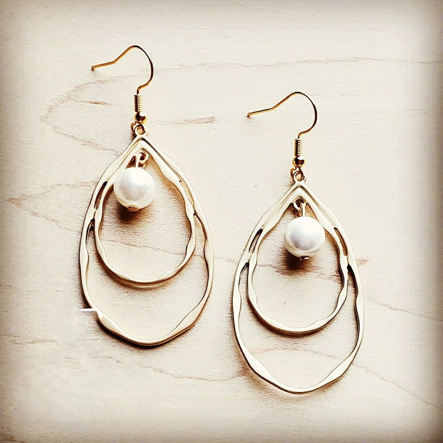 Matte Gold Double Hoop Earrings with Pearl Dangle
