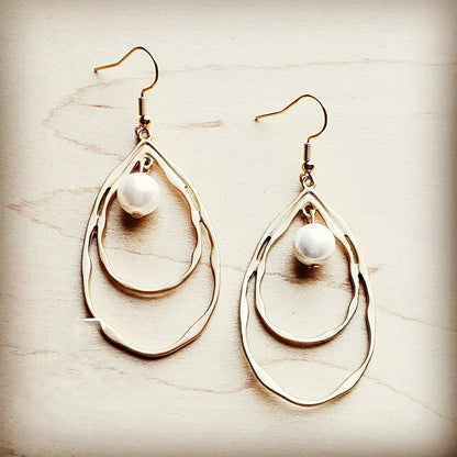 Matte Gold Double Hoop Earrings with Pearl Dangle