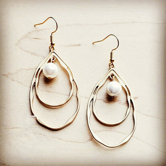 Matte Gold Double Hoop Earrings with Pearl Dangle