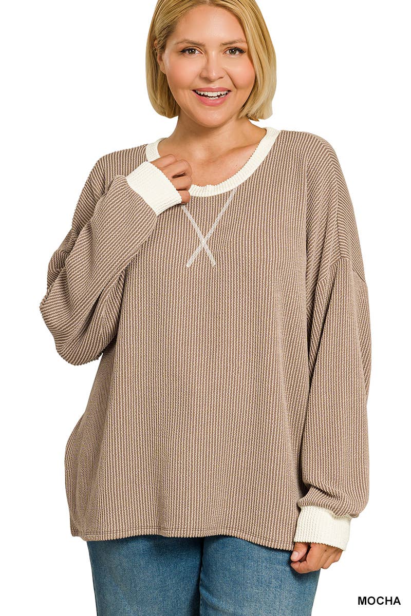 Plus Raised Rib Round Neck Pullover