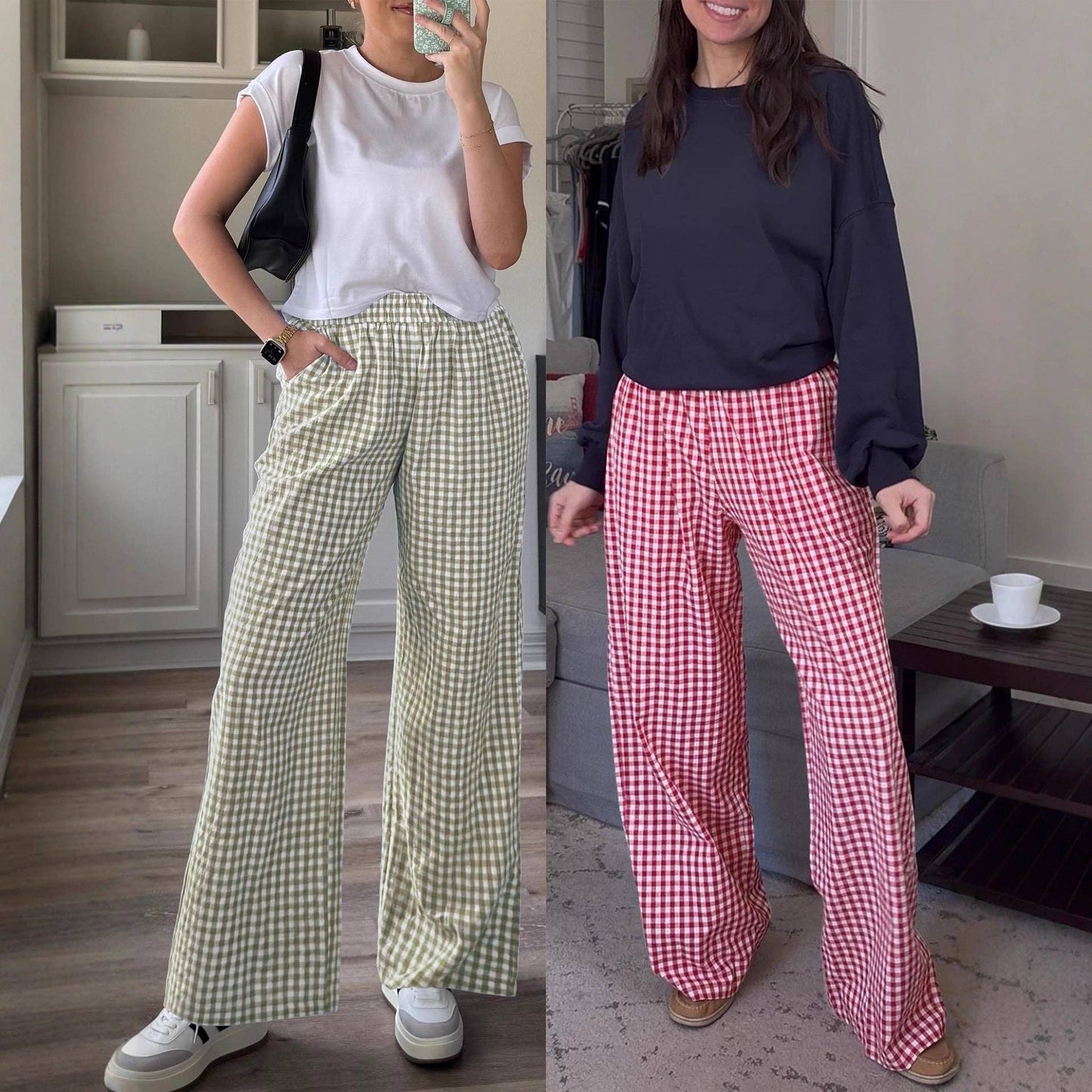 Women's Casual Plaid Elastic Waist Wide Leg Pants