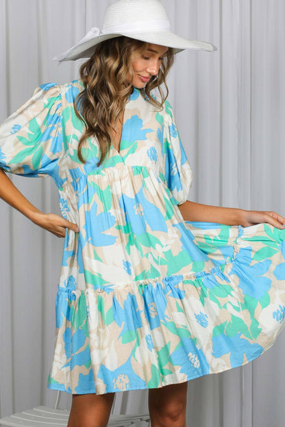 Floral Print V-Neck Tired Baby Doll Casual Dress