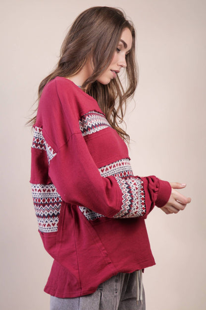 NT11784-Oversized Printed Knit Contrast Knit Top