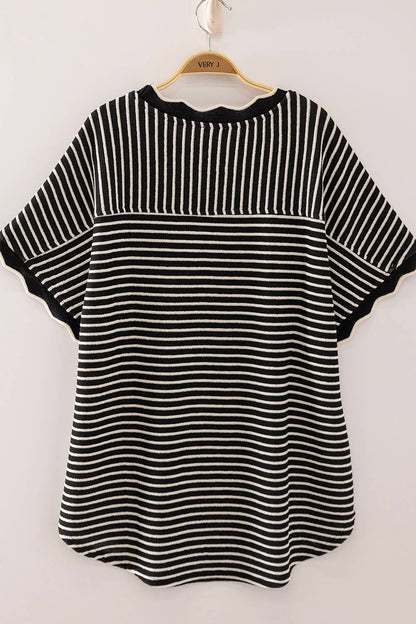 Scallop Trim Stripe Knit Top