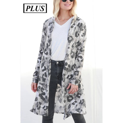 Plus Camo Long Cardigan with Hoodie