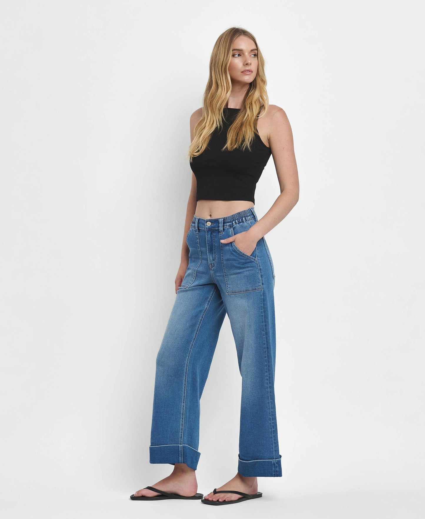 KRIS HIGH RISE DOUBLE CUFFED BAGGY WIDE JEANS