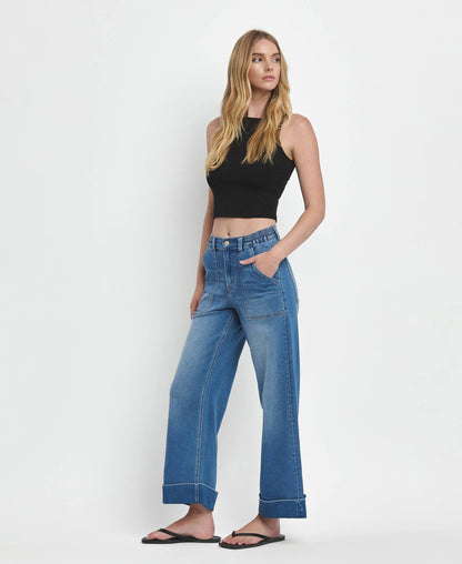 KRIS HIGH RISE DOUBLE CUFFED BAGGY WIDE JEANS