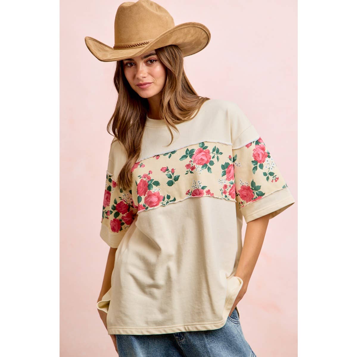 FLORAL PRINT SHORT SLEEVES FRENCH TERRY TOP