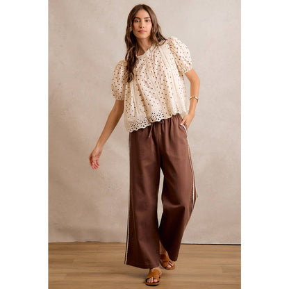SIDE LACE TRIM COTTON DENIM WIDE LEG PULL ON PANTS