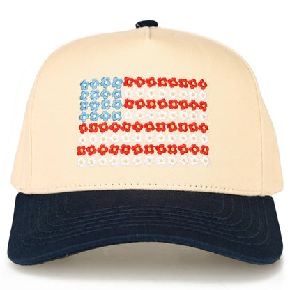 Daisy Flower Pattern USA Flag Trucker Cap