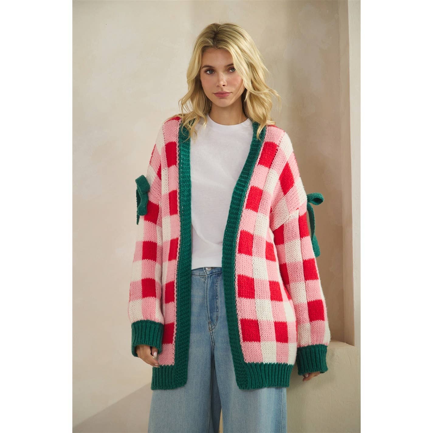 Checkered Cardigan with Ribbon Details