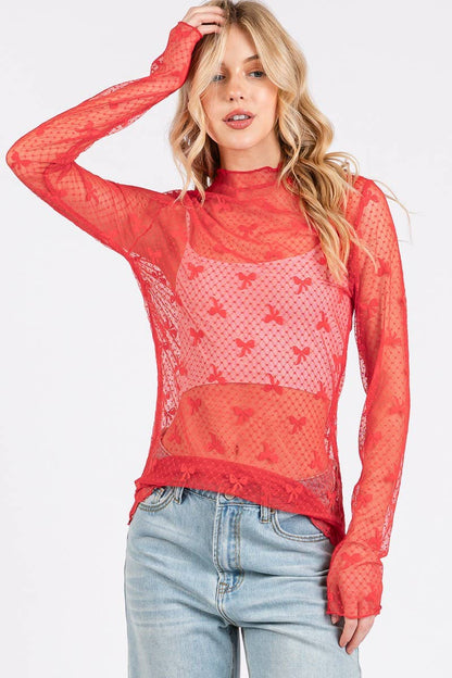 BOW PRINT LONG SLEEVE LACE TOP