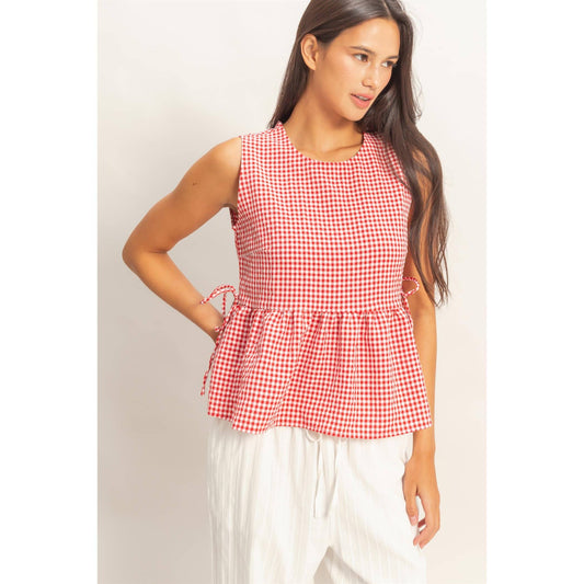 Gingham Sleeveless Peplum Top With Side Ties