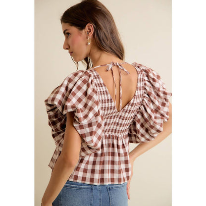 GINGHAM BUBBLE SLEEVES BACK SMOCKED BLOUSE TOP