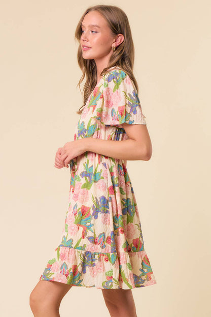 V-NECK FLUTTER SHORT SLEEVE MINI DRESS