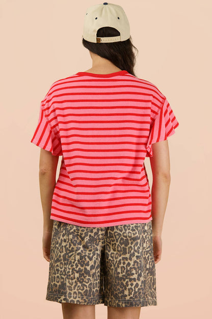 NT12476-Oversized Ruffle Sleeve Casual Stripe Knit Top
