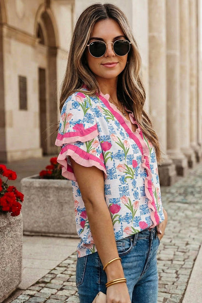 Floral Print Ruffled Trim V Neck Blouse | S-XL
