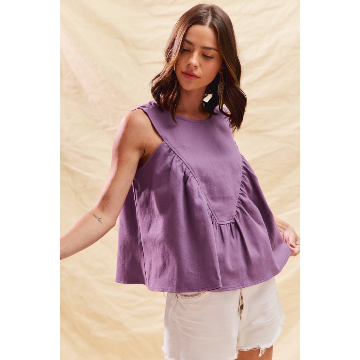 GAME DAY COLOR DENIM RUCHED SLEEVELESS TOP