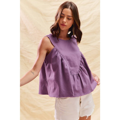 GAME DAY COLOR DENIM RUCHED SLEEVELESS TOP